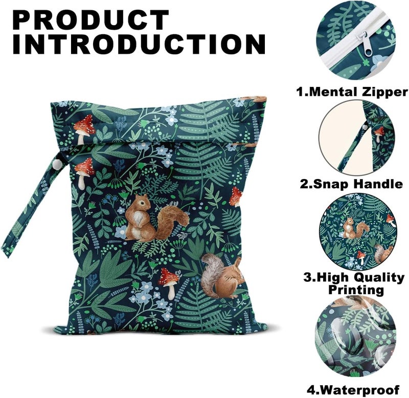 CQM 2Pcs Forest Animal Wet Bags 12x10 Inch, Cottage Core Botanical Waterproof Travel Laundry Bags, Squirrel Fox Wolf Reusable Wet Dry Bag for Swimsuit Pool Beach Diapers Dirty Yoga Gym Clothes - Image 3